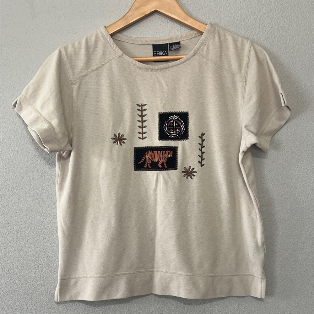 Erika Beige Embroidered Top Tiger Design Earthy Women’s PM Boho Granola Girl